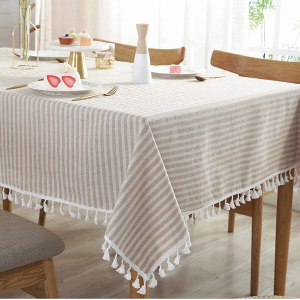 Linen Cotton Soft Taupe Striped Table Cloth